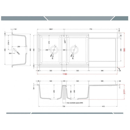 ELLECI EASY 500 LGY50051 Lavello 2 Vasche con Gocciolatoio Reversibile Sopratop Granitek Avena 51  cm. 116 x 50