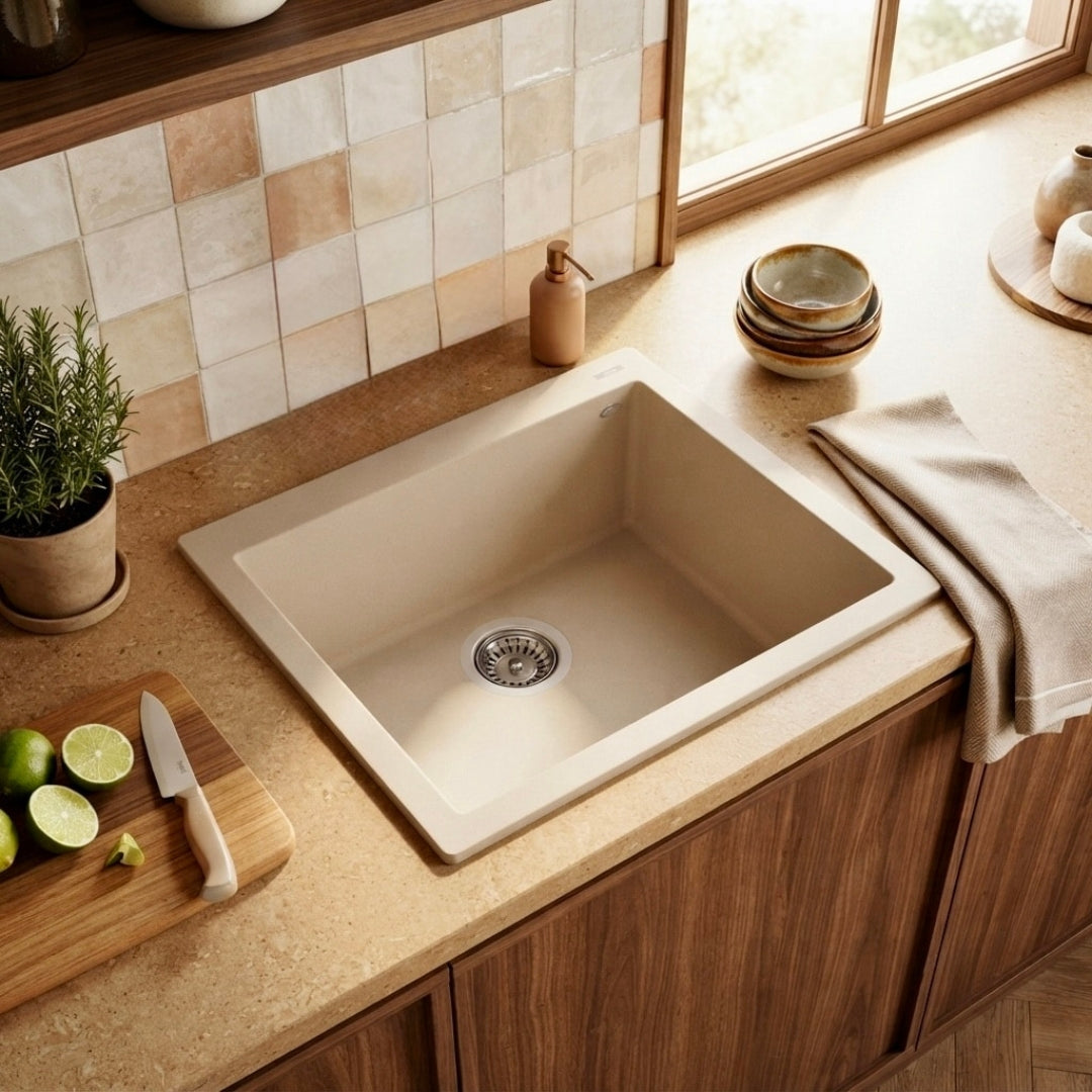 Elleci Quadra 105 LGQ10539 Lavello da Incasso Sopratop Monovasca Granitek Bianco Soft  cm. 57 x 50