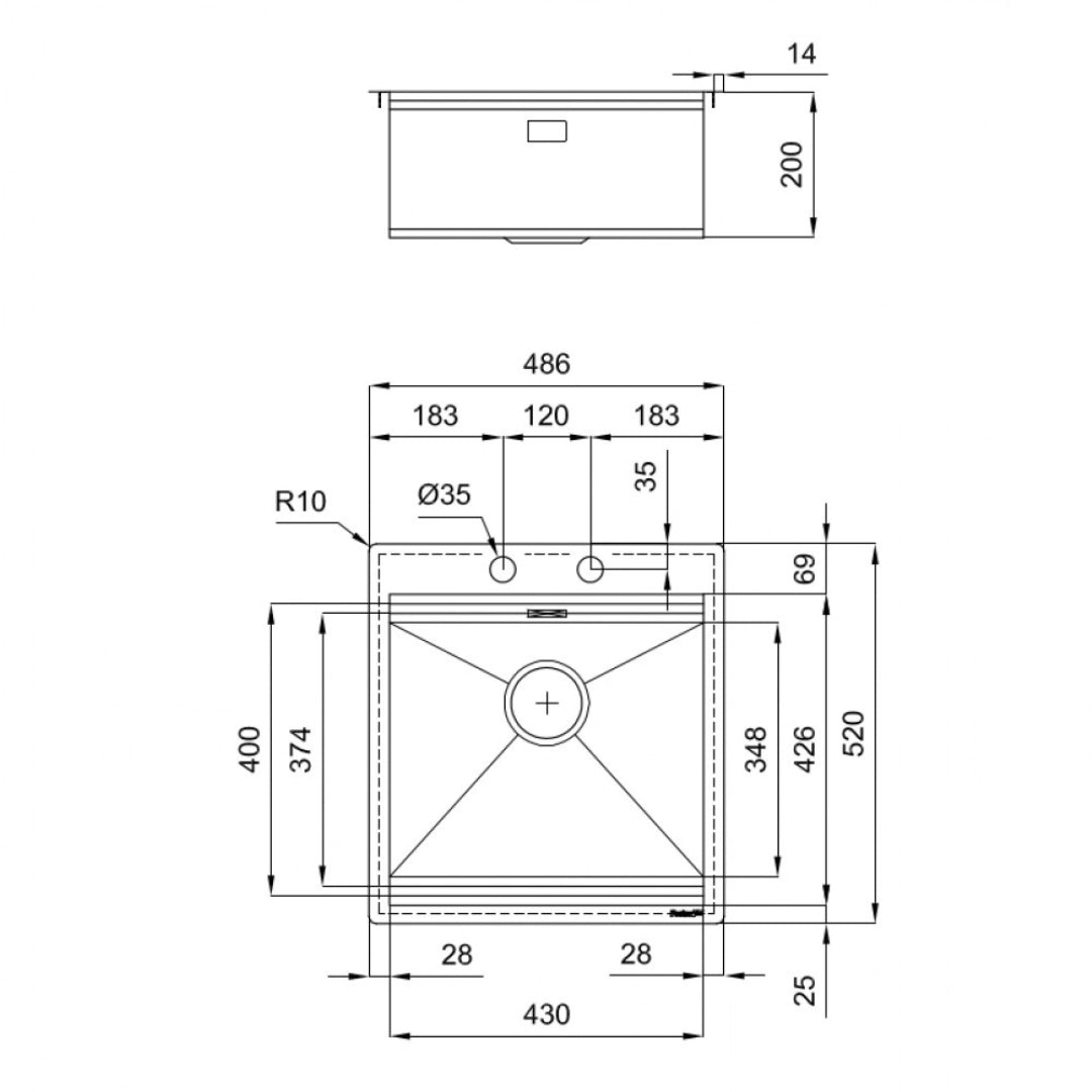 Foster Milanello 1031050 Lavello 1 Vasca Incasso Filotop Acciaio Inox Spazzolato mm 486 x 520