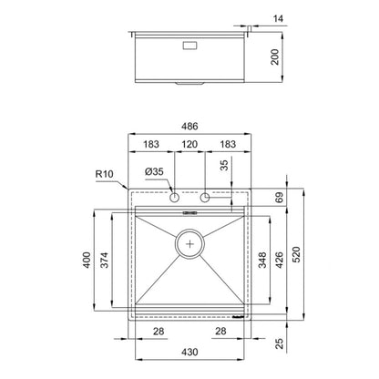 Foster Milanello 1031050 Lavello 1 Vasca Incasso Filotop Acciaio Inox Spazzolato mm 486 x 520