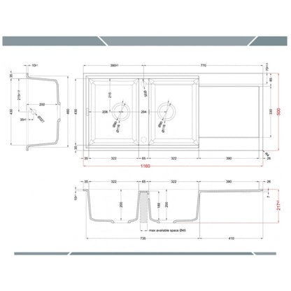 Elleci LGY50062 Easy 500 Lavello 2 Vasche con Gocciolatoio Reversibile Sopratop Granitek Bianco Antico cm. 116 x 50