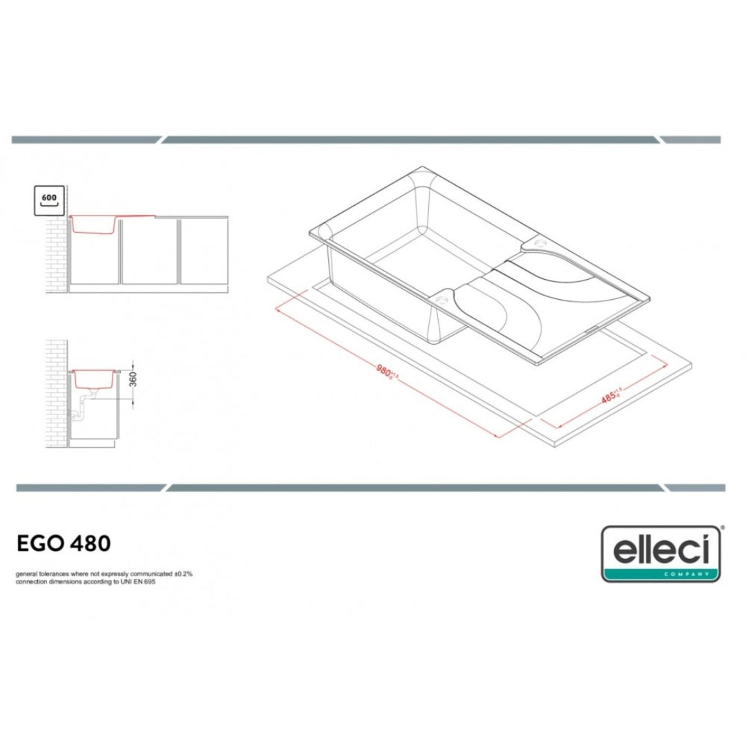 Elleci Ego 480 LGE48062 Lavello 1 Vasca con Gocciolatoio Reversibile Sopratop Granitek Bianco Antico cm 100 x 50
