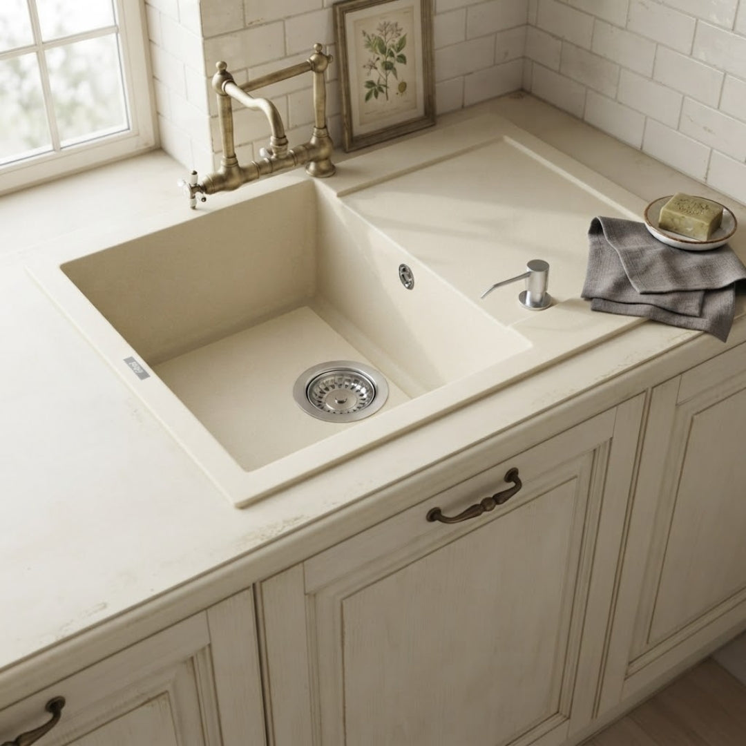 Elleci Easy 135 LGY13562 Lavello 1 Vasca con Gocciolatoio Reversibile Sopratop Granitek Bianco Antico cm.  68 x 50
