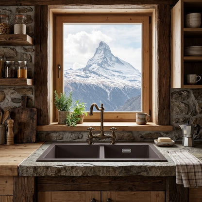 Elleci Quadra 350 LKQ35087 Lavello da Incasso Sopratop 2 Vasche Keratek Cocoa cm. 79 x 50