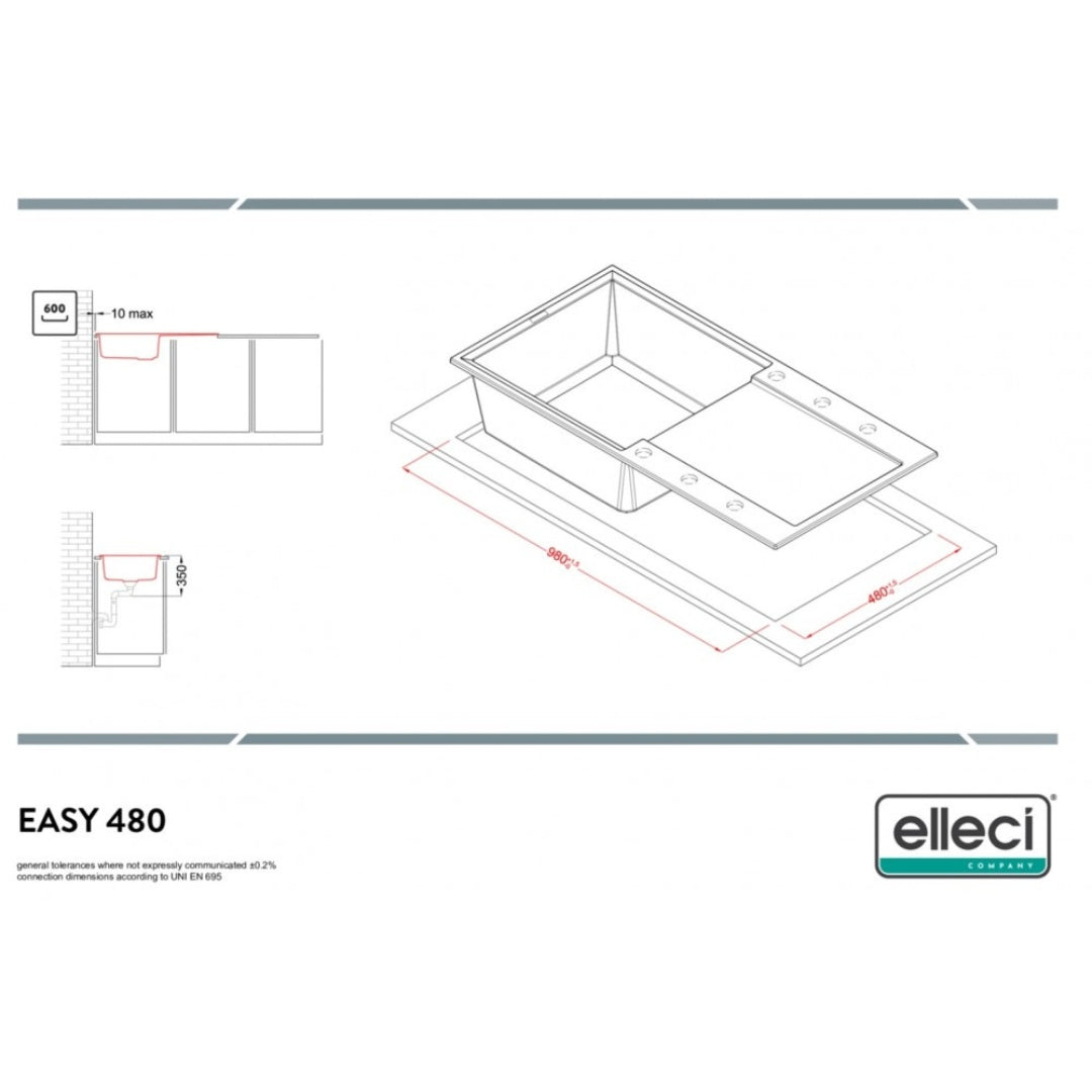 Elleci Easy 480 LGY48039 Lavello 1 Vasca con Gocciolatoio Reversibile Incasso Sopratop Granitek Bianco Soft cm. 100 x 50