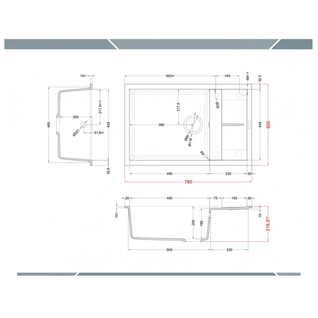 ELLECI UNICO 310 LGU31059 Lavello 1 Vasca con Gocciolatoio Reversibile in Granitek® Classic Antracite 59 cm. 78 x 50