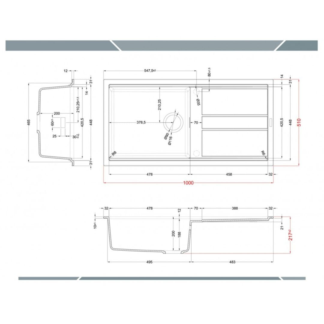 ELLECI BEST 480 LGB48059 Lavello 1 Vasca con Gocciolatoio Reversibile Sopratop Granitek Antracite cm. 100 x 51