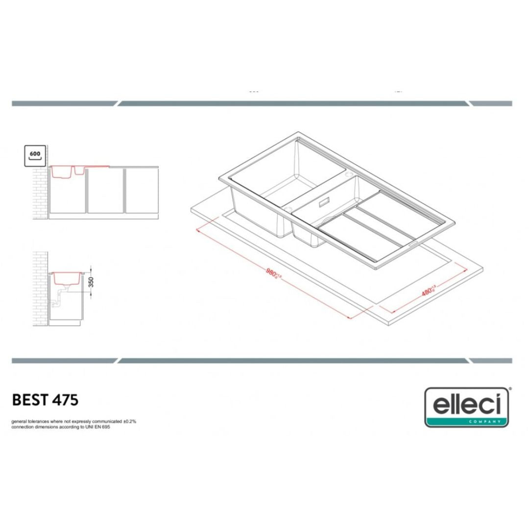 ELLECI BEST 475 LGB47551 Lavello 1 Vasca e Vaschetta con Gocciolatoio Reversibile Sopratop Granitek Avena 51 cm. 100 x 51