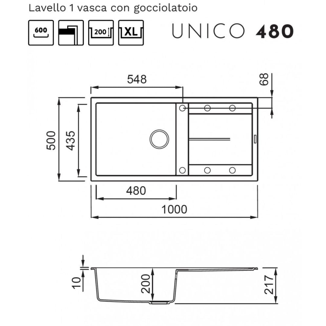 ELLECI UNICO 480 LGU48051 Lavello 1 Vasca con Gocciolatoio Reversibile Sopratop Granitek Avena 51 cm. 100 x 50