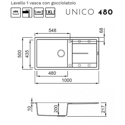 ELLECI UNICO 480 LGU48051 Lavello 1 Vasca con Gocciolatoio Reversibile Sopratop Granitek Avena 51 cm. 100 x 50