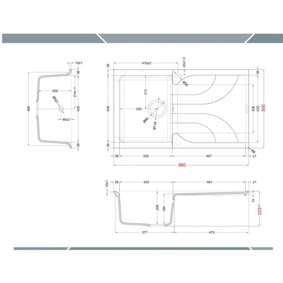 ELLECI EGO 400 LGE40059 Lavello 1 Vasca con Gocciolatoio Reversibile Sopratop Granitek Antracite 59 cm. 86 x 50
