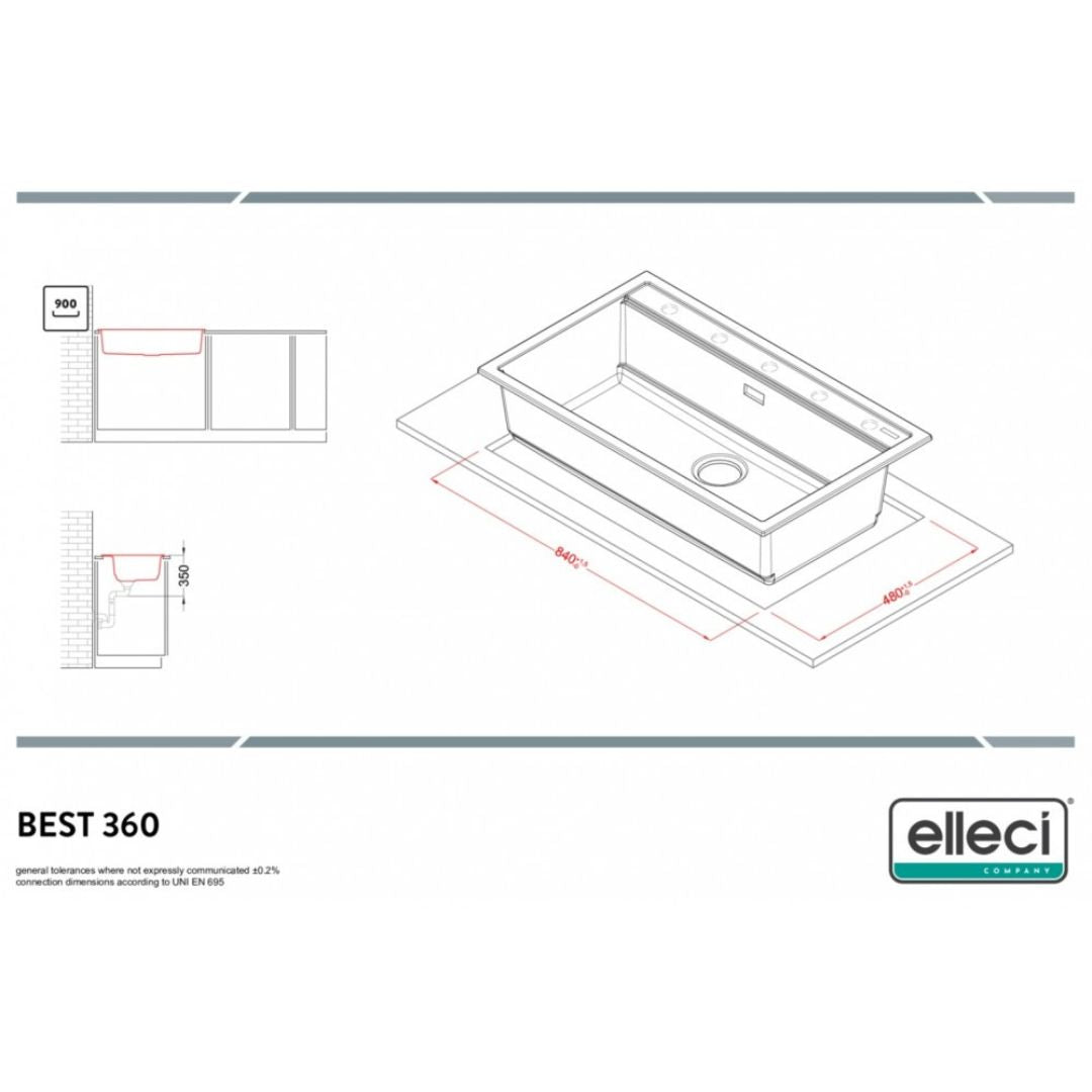 ELLECI BEST 360 LGB36059 Lavello da Incasso 1 Vasca Monovasca Sopratop Granitek Antracite cm. 86 x 51