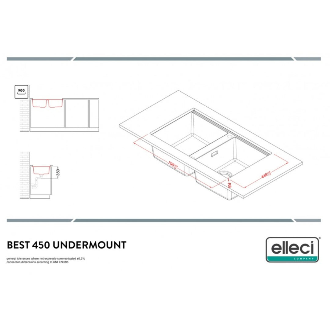 Elleci Best 450 LKB45096BSO Lavello 2 Vasche Sottotop Keratek White 96 Incasso Sttotop mm. 836 x 488