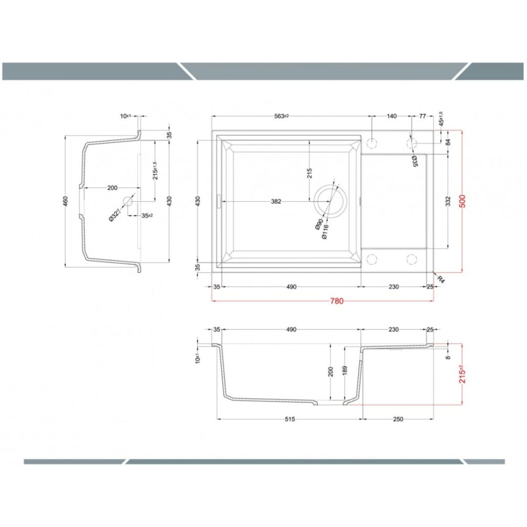 ELLECI EASY 310 LGY31059 Lavello 1 Vasca con Gocciolatoio Reversibile in Granitek® Classic Antracite da Incasso Sopratop cm. 78 x 50