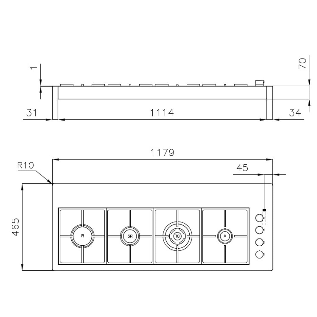 FOSTER S4000 LINE XL 7284042 Piano Cottura Gas in Acciaio Inox Satinato 4 Fuochi cm. 118 x 46,5