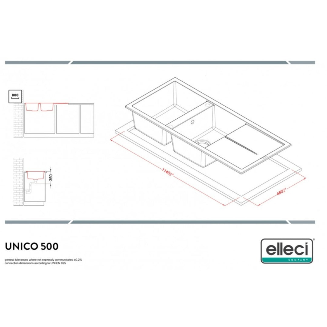ELLECI UNICO 500 LGU50048 Lavello 2 Vasche Granitek Sopratop Reversibile Cemento cm 116 x 50