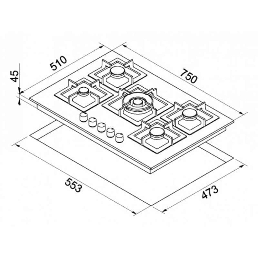 ELLECI PLANO 75 PMSP75173CS Piano Cottura Gas 5 Fuochi Griglie Ghisa Titanium M73 cm. 75 x 51