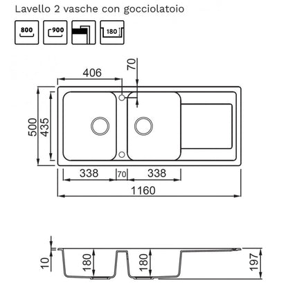 ELLECI LG250059 LIFE 500 Lavello 2 Vasche Gocciolatoio Reversibile Granitek Antracite G59 Incasso Sopratop cm. 116 x 50cm