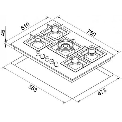 ELLECI PLANO 75 PGSP75140CS Piano Cottura a Gas con 5 Fuochi Griglie Ghisa Nero G40 cm. 75 x 51
