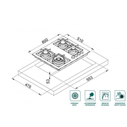 ELLECI PLANO 60 PGSP60148WS Piano Cottura Gas 4 Fuochi Wok 4 kW Cemento 48 cm. 60 x 60