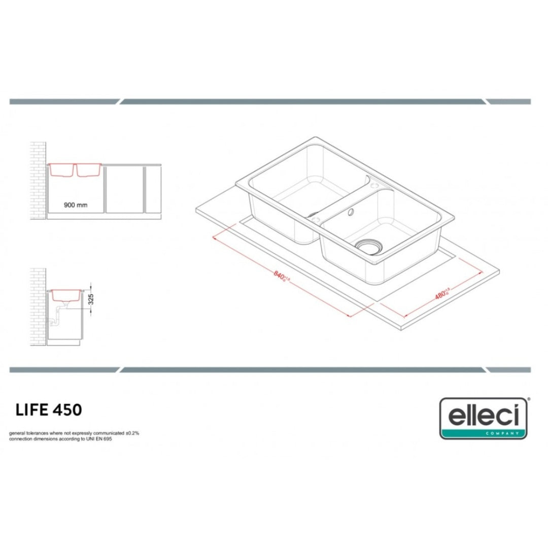 ELLECI LM245079 LIFE 450 Lavello 2 Vasche Incasso Sopratop Granitek Aluminium M79 cm. 86x50