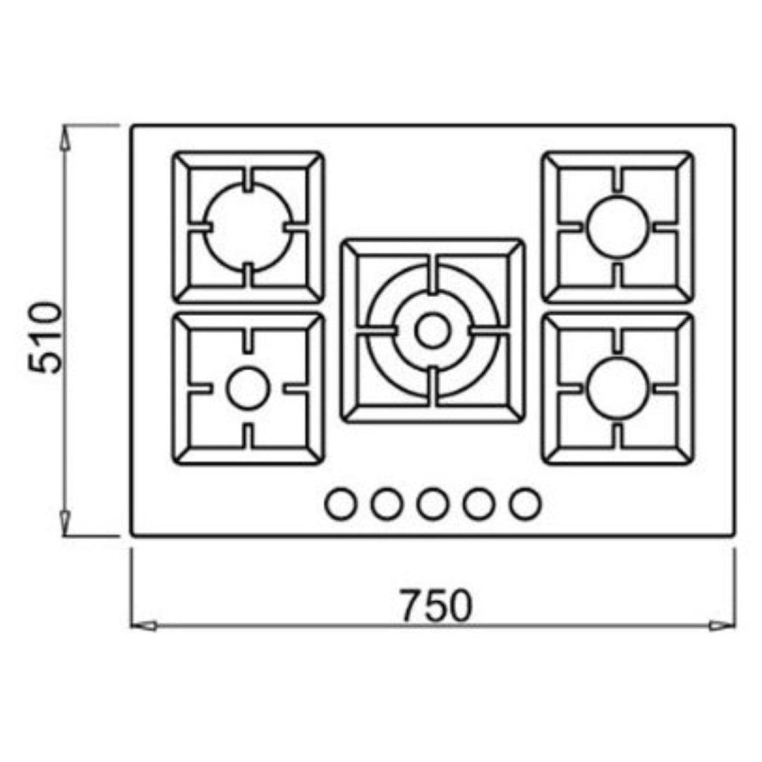 ELLECI PLANO 75 PMSP75179CS Piano Cottura Incasso a Gas 5 Fuochi Griglie in Ghisa Aluminum cm. 75 x 51
