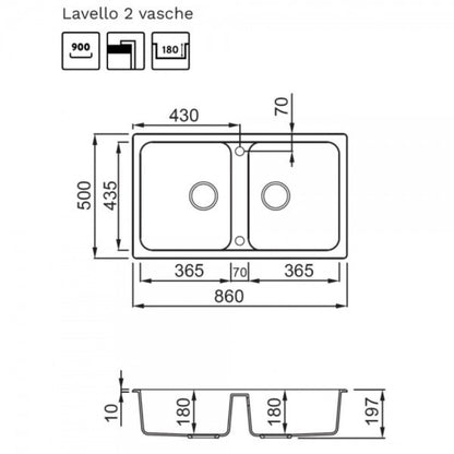 ELLECI LIFE 450 LG245048 Lavello Cucina 2 Vasche Reversibili Cemento G48 Granitek Sopratop cm. 86x50