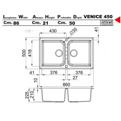 ELLECI VENICE 450 LGN45048 Lavello 2 Vasche Sopratop Granitek Cemento G48 cm. 86x50