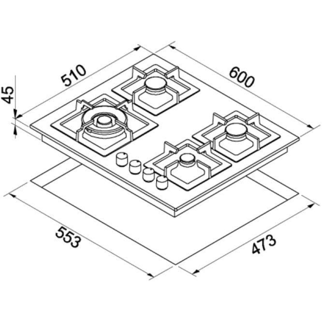 ELLECI PLANO 60  PGSP60151WS Piano Cottura Gas Incasso 4 Fuochi Griglie Ghisa Avena G51 cm. 60 x 51