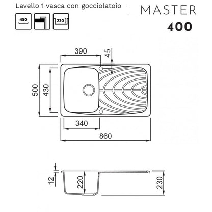 ELLECI MASTER 400 LGM40068 Lavello 1 Vasca Gocciolatoio Reversibile Incasso Sopratop Granitek Bianco Titano cm. 86 x 50