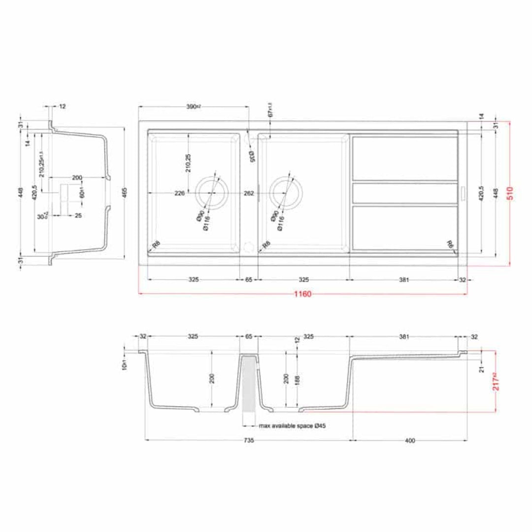 ELLECI BEST 500 LMB50079 Lavello Cucina 2 Vasche Gocciolatoio Incasso Sopratop Aluminium M79 cm. 116 x 51