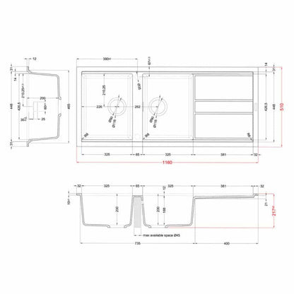 ELLECI BEST 500 LMB50079 Lavello Cucina 2 Vasche Gocciolatoio Incasso Sopratop Aluminium M79 cm. 116 x 51