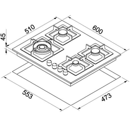 ELLECI PLANO 60 PGSP60140WS Piano Cottura Gas 4 Fuochi Griglie Ghisa Nero G40 cm. 60 x 51