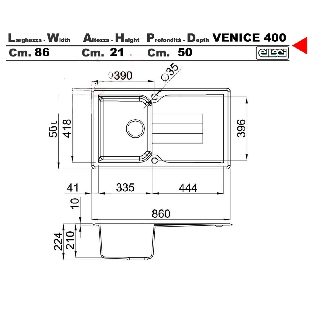 ELLECI VENICE 400 LGN40048 Lavello 1 Vasca Gocciolatoio Reversibile Sopratop Granitek cm. 86x50