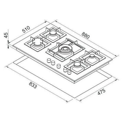 ELLECI PLANO 90 PGSP90168CS Piano Cottura a Gas da Incasso 5 Fuochi con Tripla Corona Bianco 68 cm. 86 x 51