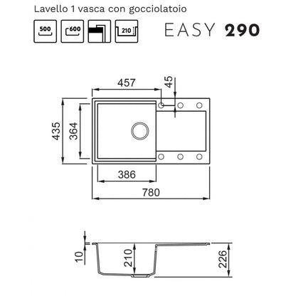 ELLECI EASY LGY29048 Lavello 1 Vasca Reversibile Cemento Sopratop G48 Granitek cm. 78x43.5