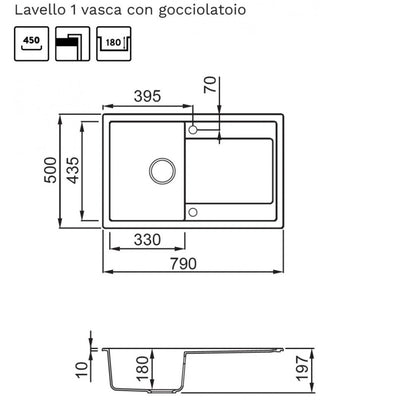 ELLECI LIFE 300 LG230051 Lavello 1 Vasca Gocciolatoio Reversibile Granitek Avena 51 cm. 79 x 50