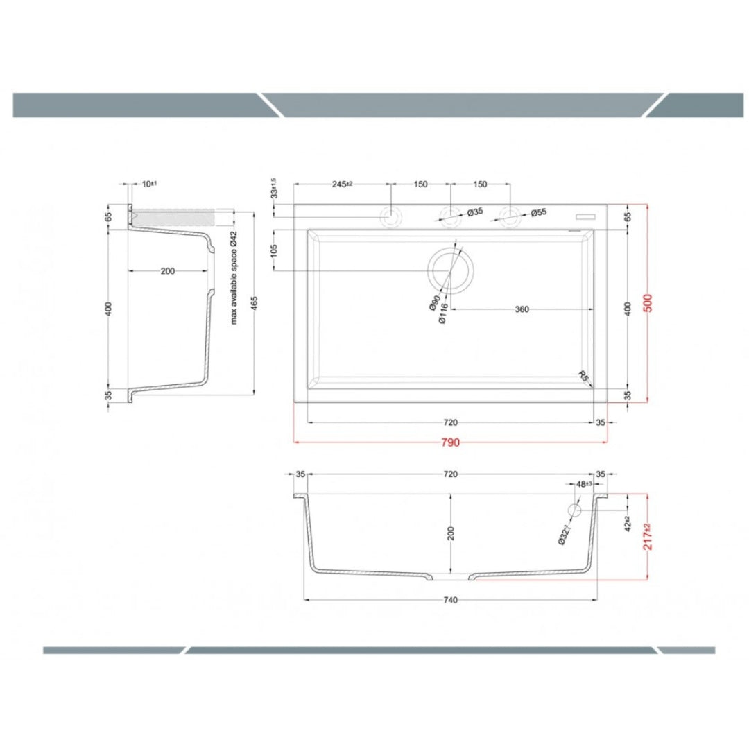 ELLECI QUADRA 130 LGQ13048 Lavello Incasso 1 Vasca Granitek Cemento 48 cm. 79 x 50