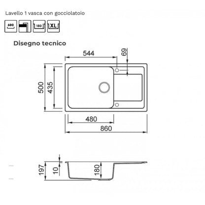 ELLECI LIFE 410 LG241043 Lavello 1 Vasca Gocciolatoio Reversibile Granitek Tortora cm. 86 x 50