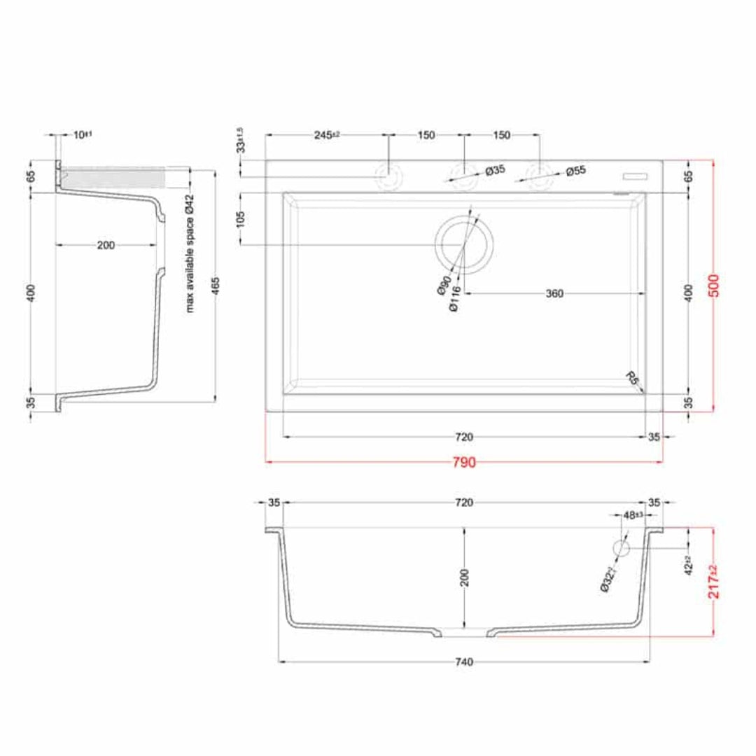 ELLECI LKQ13095 Quadra 130 Lavello Cucina 1 Vasca Keratek Champagne cm. 79 x 50