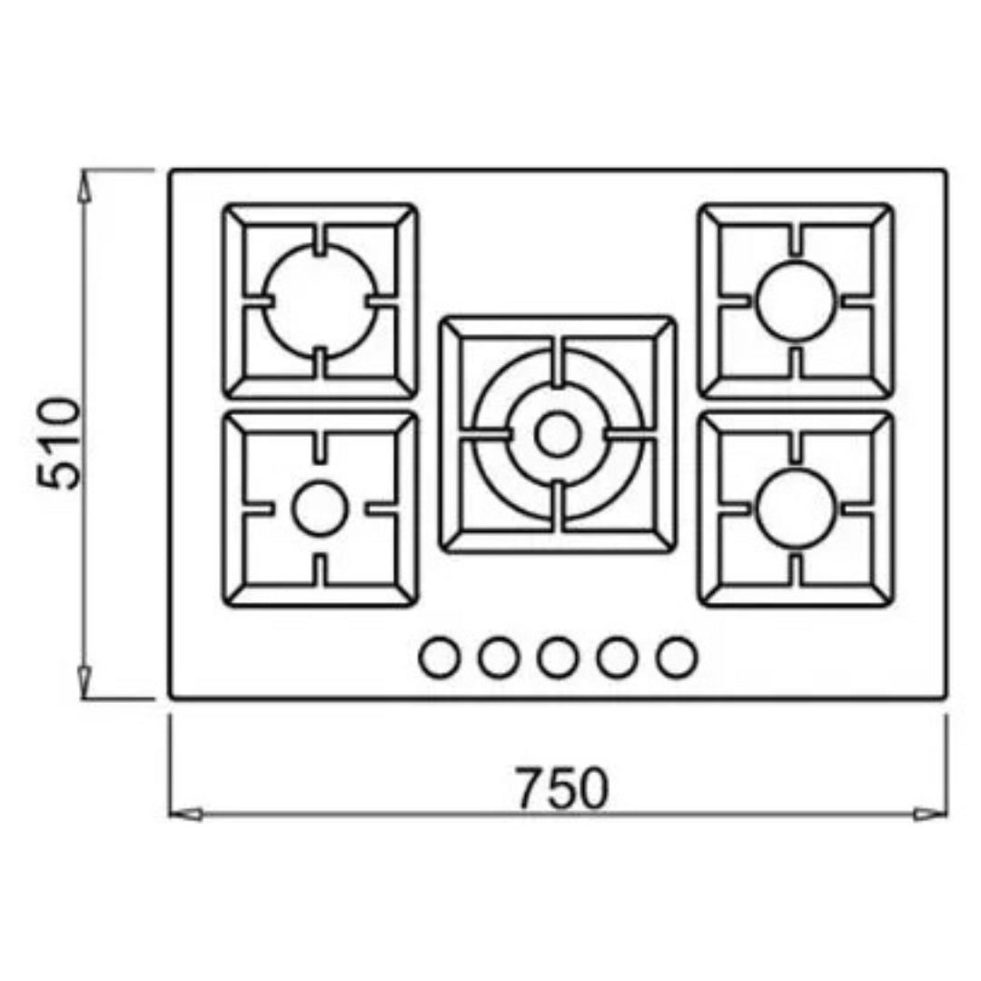 ELLECI PLANO 75 PGSP75140CS Piano Cottura a Gas con 5 Fuochi Griglie Ghisa Nero G40 cm. 75 x 51