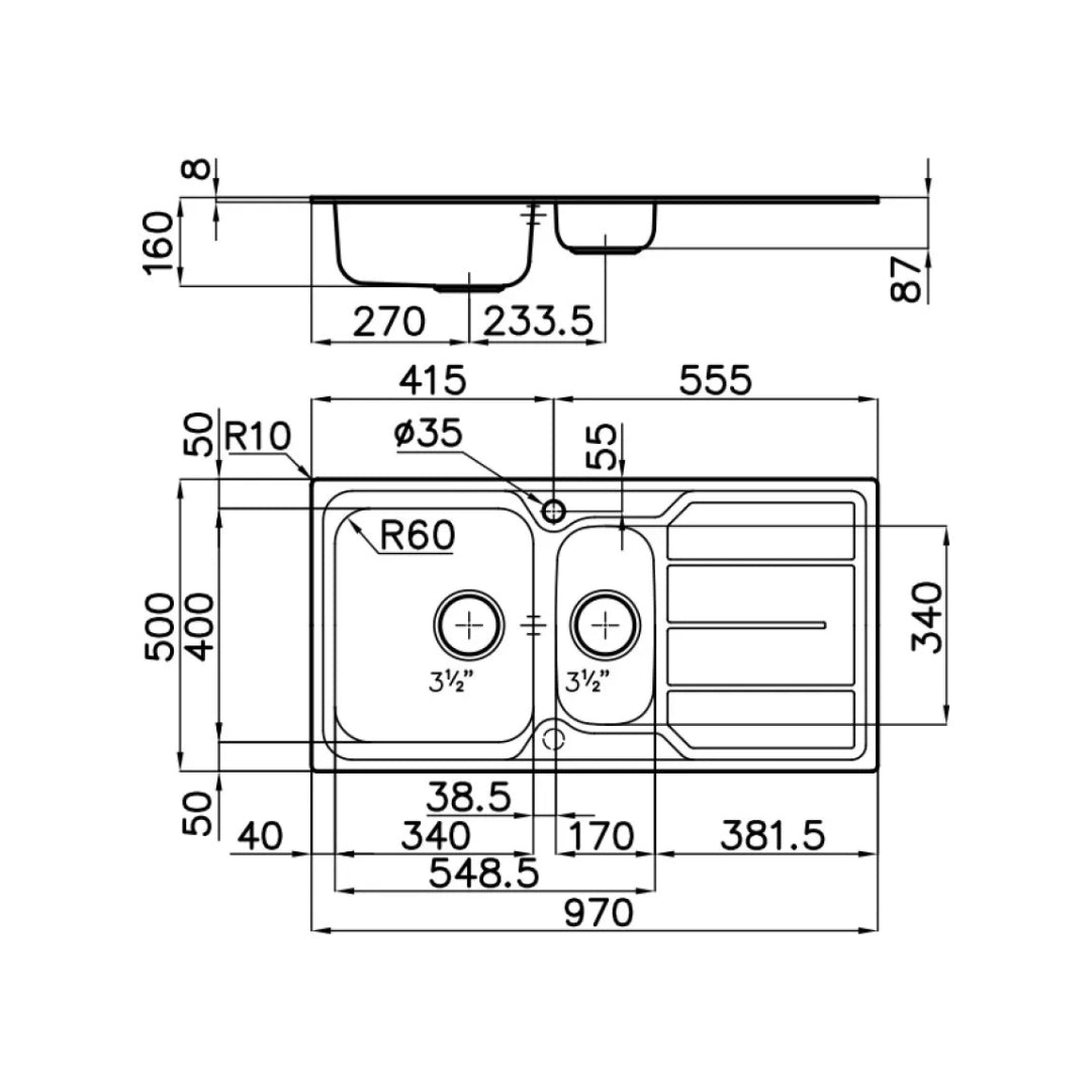 FOSTER 1197162 S1000 Lavello Incasso Inox 1 Vasca e 1/2 a Sinistra Gocciolatoio a Destra cm. 97 x 50