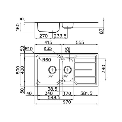 FOSTER 1197162 S1000 Lavello Incasso Inox 1 Vasca e 1/2 a Sinistra Gocciolatoio a Destra cm. 97 x 50