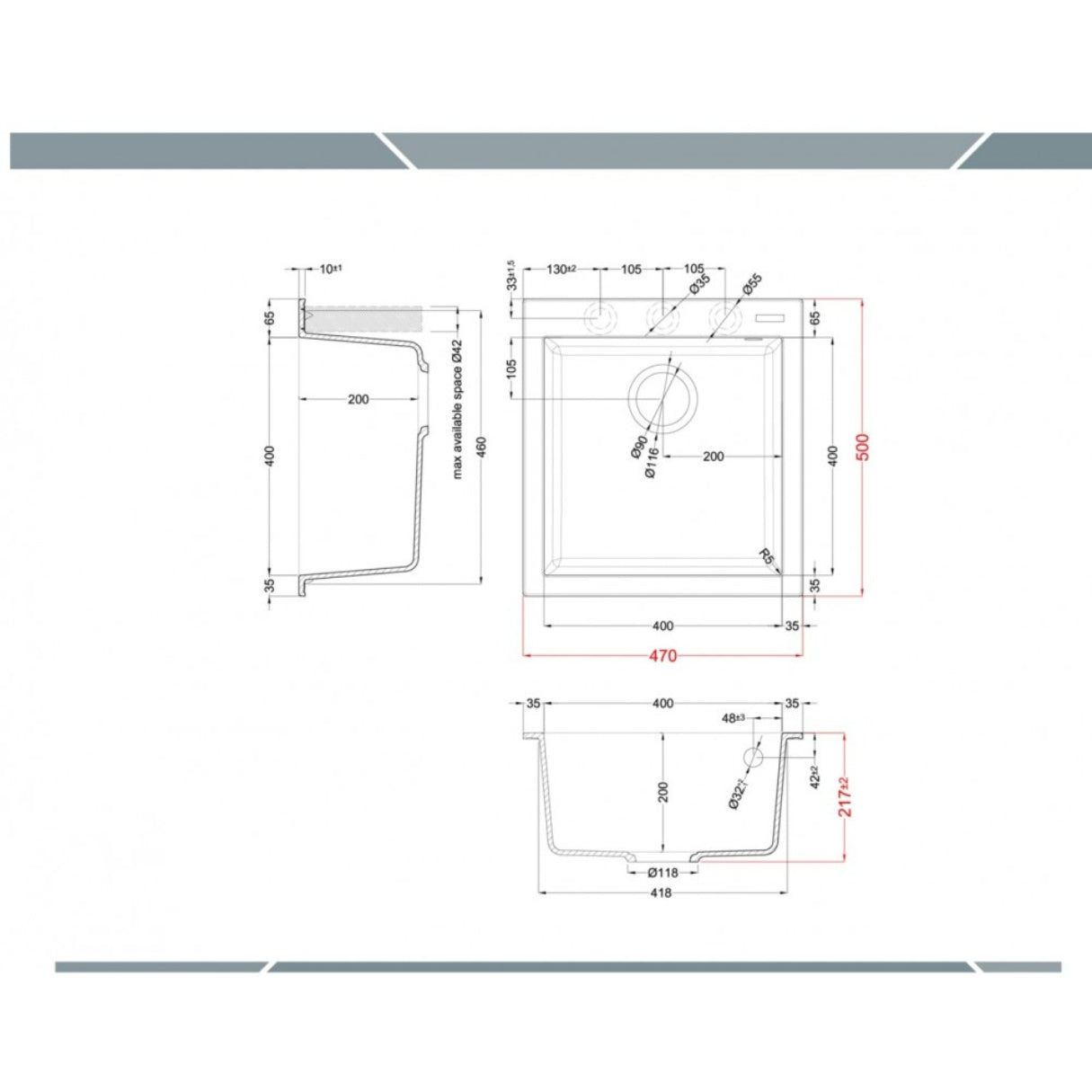 ELLECI QUADRA LKQ10296 Lavello Incasso 1 Vasca Granitek Bianco Kera K96 cm. 47x50