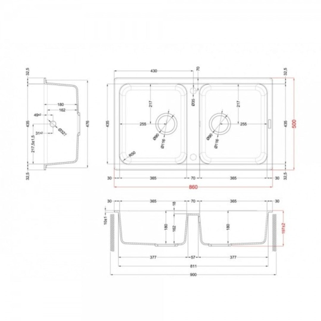 ELLECI LIFE 450 LG245048 Lavello Cucina 2 Vasche Reversibili Cemento G48 Granitek Sopratop cm. 86x50