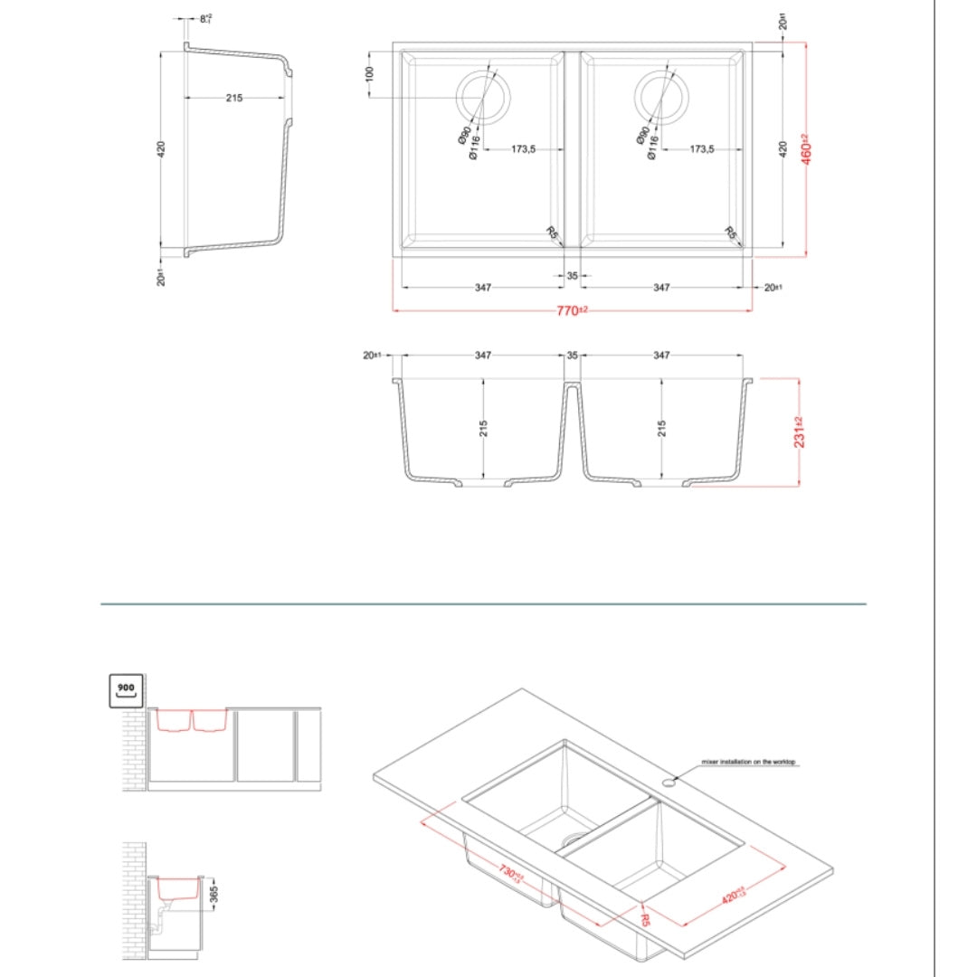 ELLECI QUADRA 340 LMQ34079BSC Lavello Incasso Sottotop 2 Vasche Granitek Aluminium M79 cm. 77 x 46