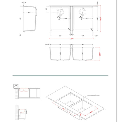 ELLECI QUADRA 340 LMQ34079BSC Lavello Incasso Sottotop 2 Vasche Granitek Aluminium M79 cm. 77 x 46