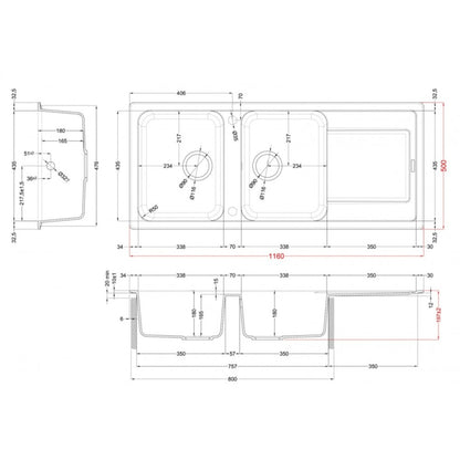 ELLECI LIFE 500 LG250062 Lavello Cucina 2 Vasche Gocciolatoio Reversibile Sopratop Granitek Bianco Antico G62 cm. 116 x 50