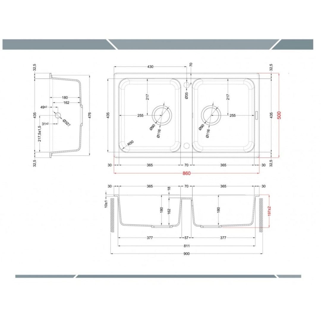 ELLECI LM245079 LIFE 450 Lavello 2 Vasche Incasso Sopratop Granitek Aluminium M79 cm. 86x50