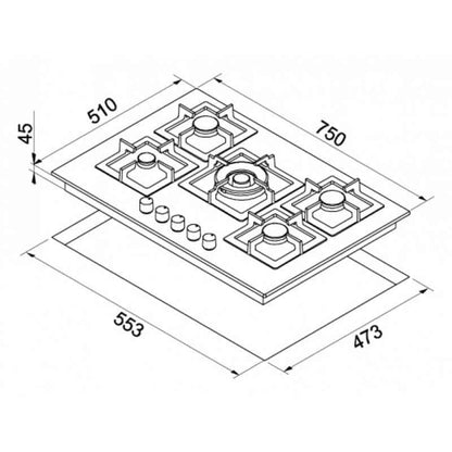 ELLECI PLANO 75 PIAP751INCS Piano Cottura 5 Fuochi Griglie in Ghisa Inox cm. 75 x 51